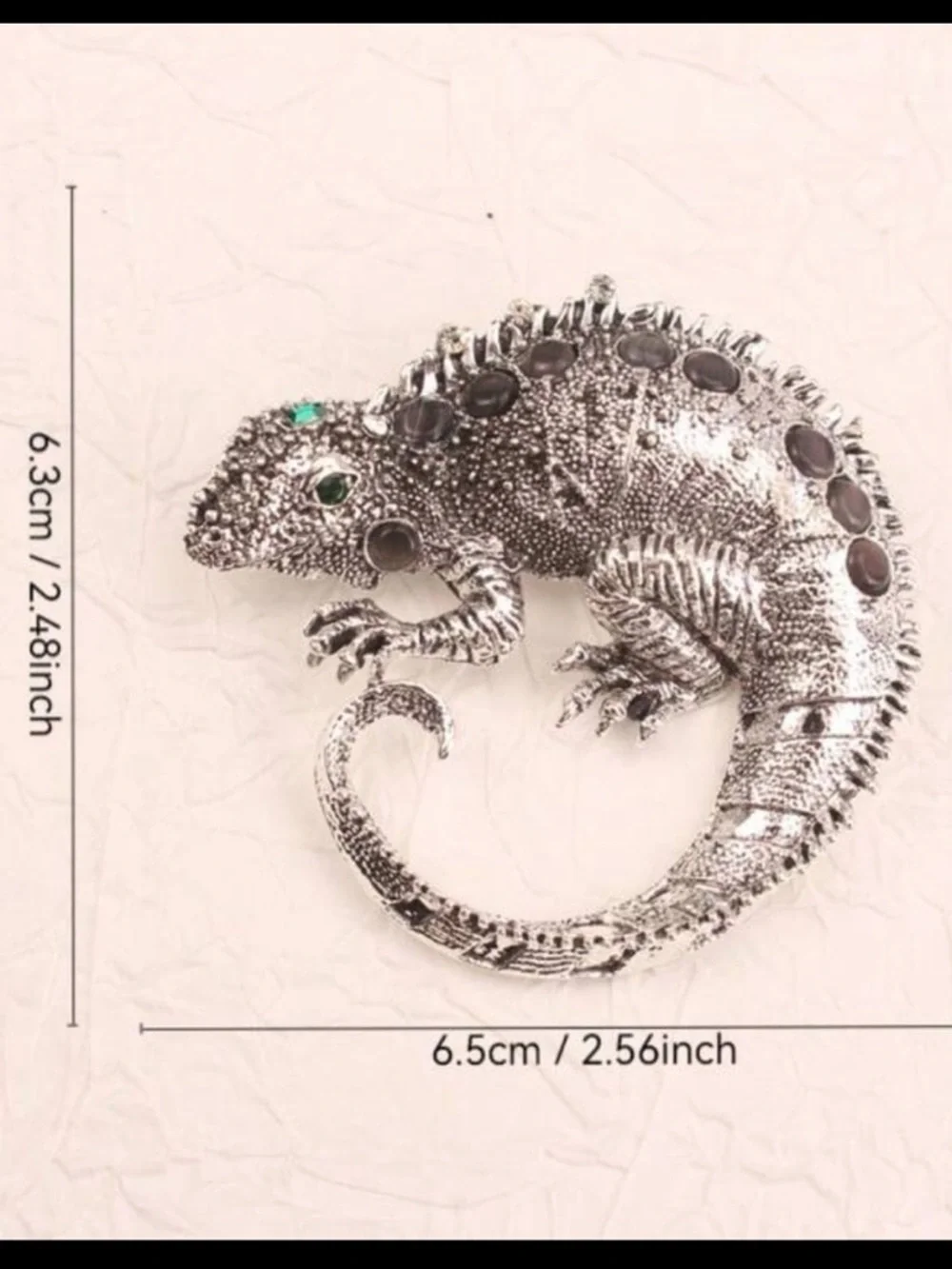 Silver tone Lizard brooch with Green and Dark Gem / rhinestone Accents
